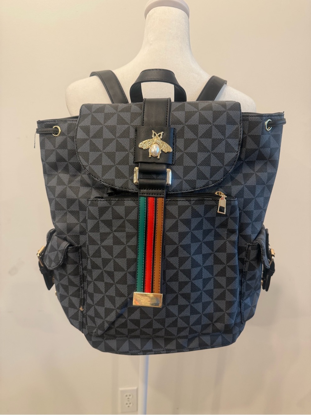 Source Unknown Black Geometric Backpack with Red-Green-Brown Stripe